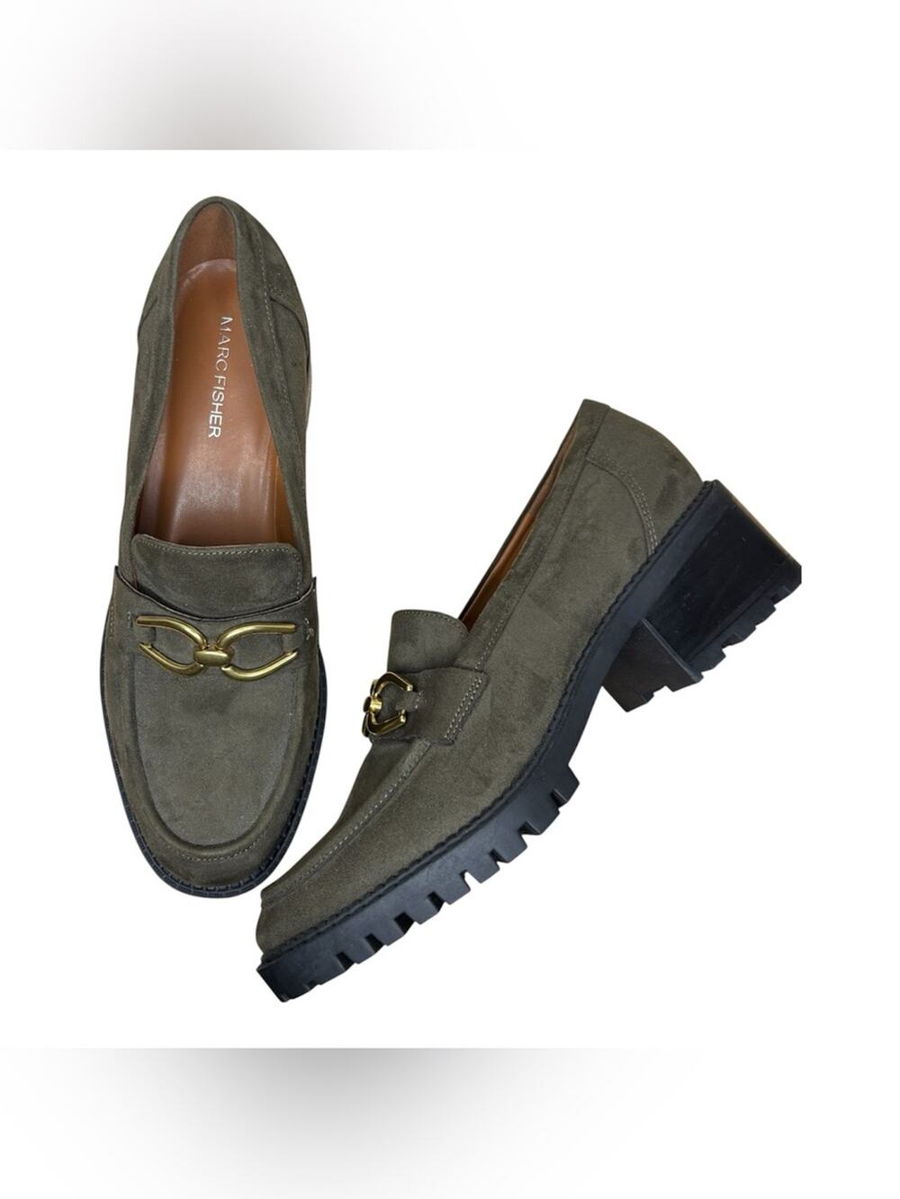 Marc Fisher Olive Green Suede Lug Sole Loafers with Gold details size 8.5